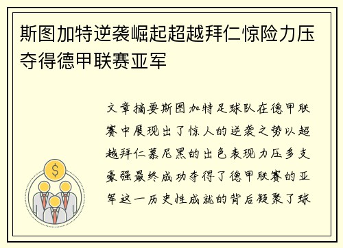 斯图加特逆袭崛起超越拜仁惊险力压夺得德甲联赛亚军